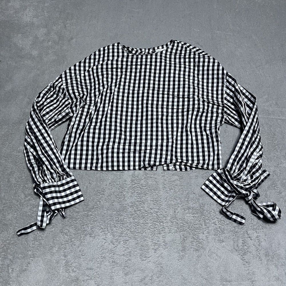Zara Trafaluc Gingham Check Cropped‎ Blouse Black White Tie Sleeve Button Back M